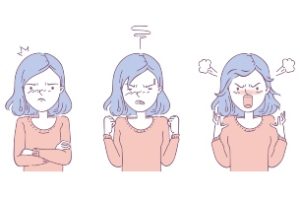 drawing of a women with 3 different angry expressions on her face