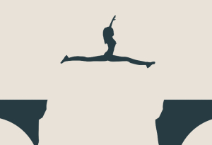 drawing of a woman leaping across a gap in a bridge