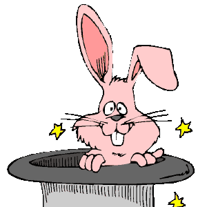 Image of a happy pink rabbit popping up out of a hat