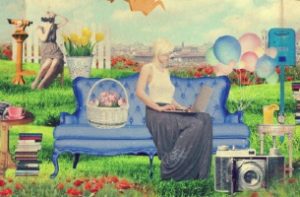 painting of a woman sitting on a sofa in a field surrounded by lot so things to do