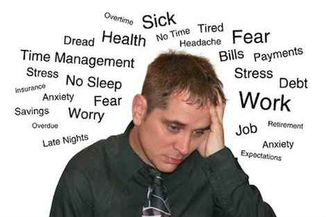 image of man holding his head with lots of stress realted words around him