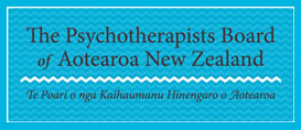 Logo of the Psychotherapists Board of Aotearoa NZ. Text on a blue background.