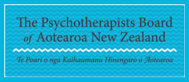 Logo of the Psychotherapists Board of Aotearoa NZ. Text on a blue background.