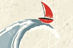 illustration of a boat on the top of a large breacking wave