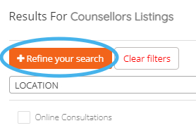 screenshot of the search filter options when visitors select a counsellor onon talkingworks
